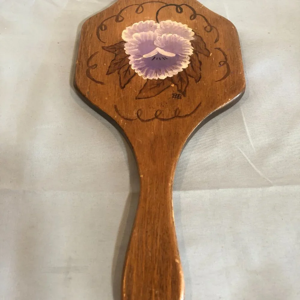 VINTAGE Wooden Handpainted Handheld Mirror 11.5